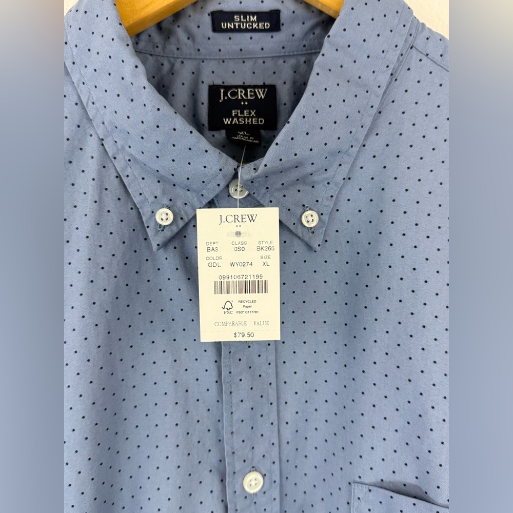 J. Crew Men’s XL Slim Flex Washed Stretch Shirt Blue Polka Dot Button Down NWT - Picture 4 of 10
